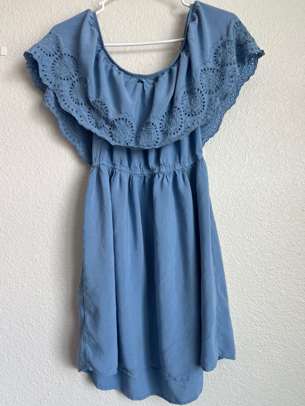 Blue Off-Shoulder Eyelet Mini Dress